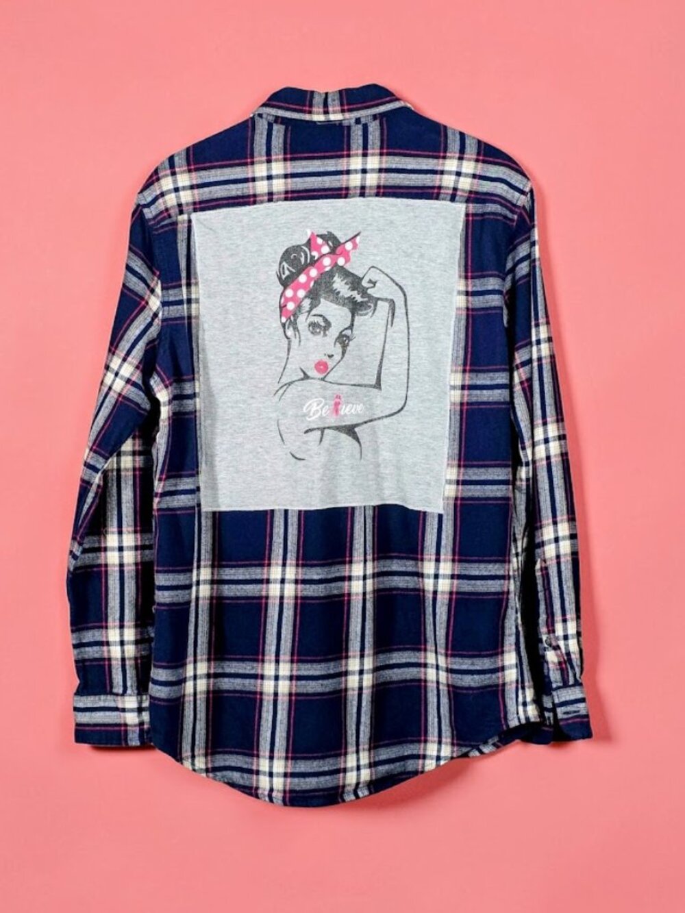 Upcycled Rosie the Riveter Pin Up Breast Cancer Awareness Flannel Shirt M L